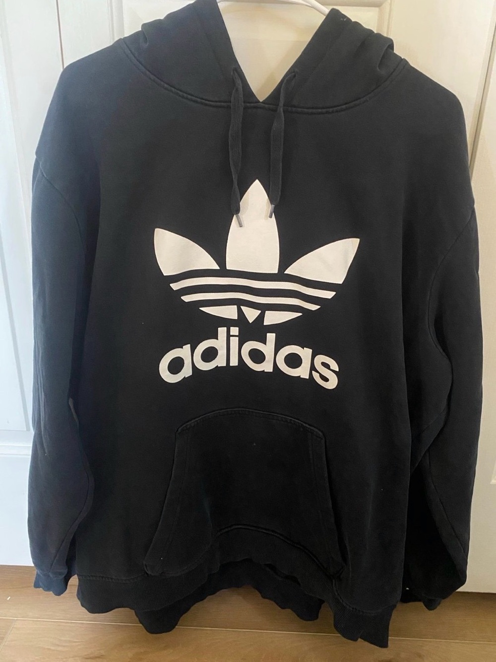 adidas Black Hoodie with White Trefoil on Blue Tag